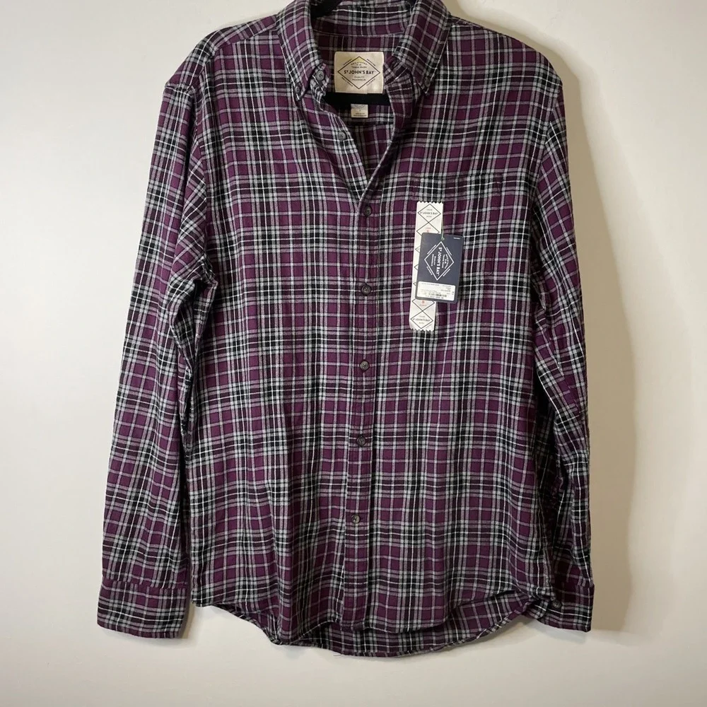 St John's Bay Mens S Purple Plaid Flannel Shirt NWT Cotton Button Down